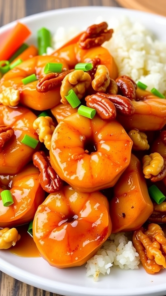 Crispy honey walnut shrimp on a plate, garnished with walnuts and green onions, served with rice and vegetables.